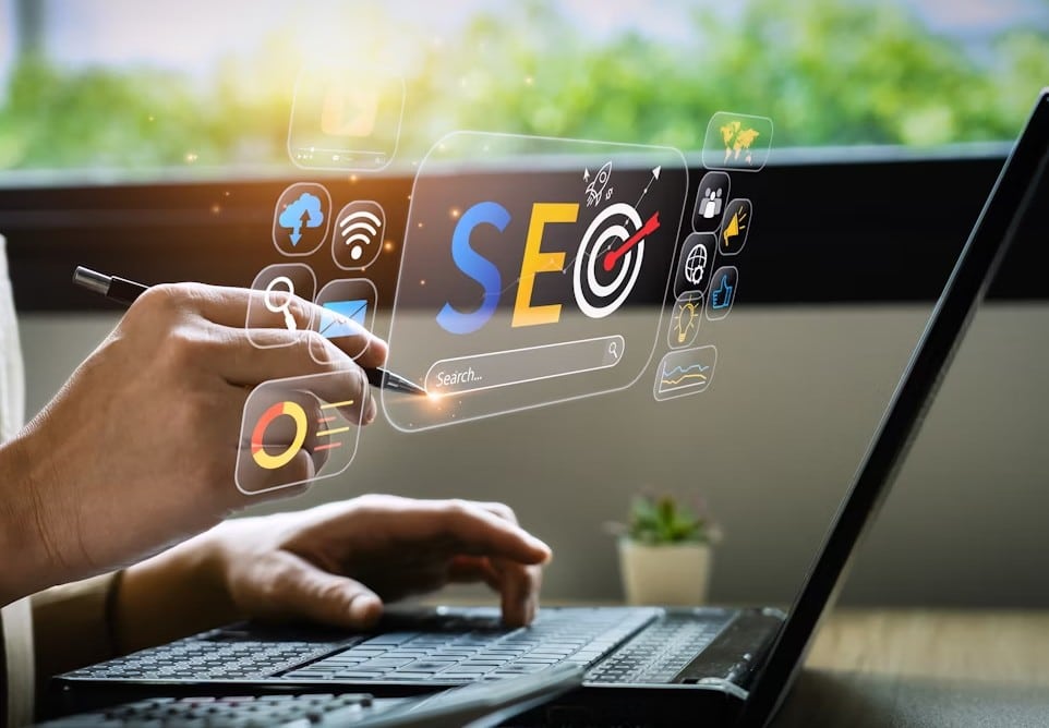 Computer screen displaying keyword research and SEO tools