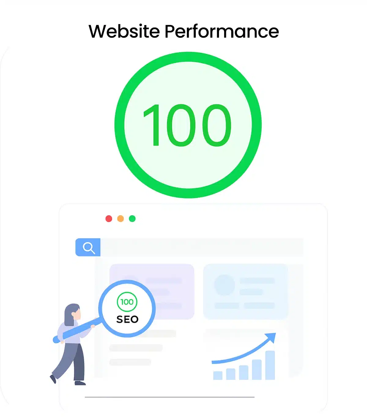 Illustration of a person holding a magnifying glass in front of a search engine results page, with an upward-trending graph icon, representing SEO and website performance.