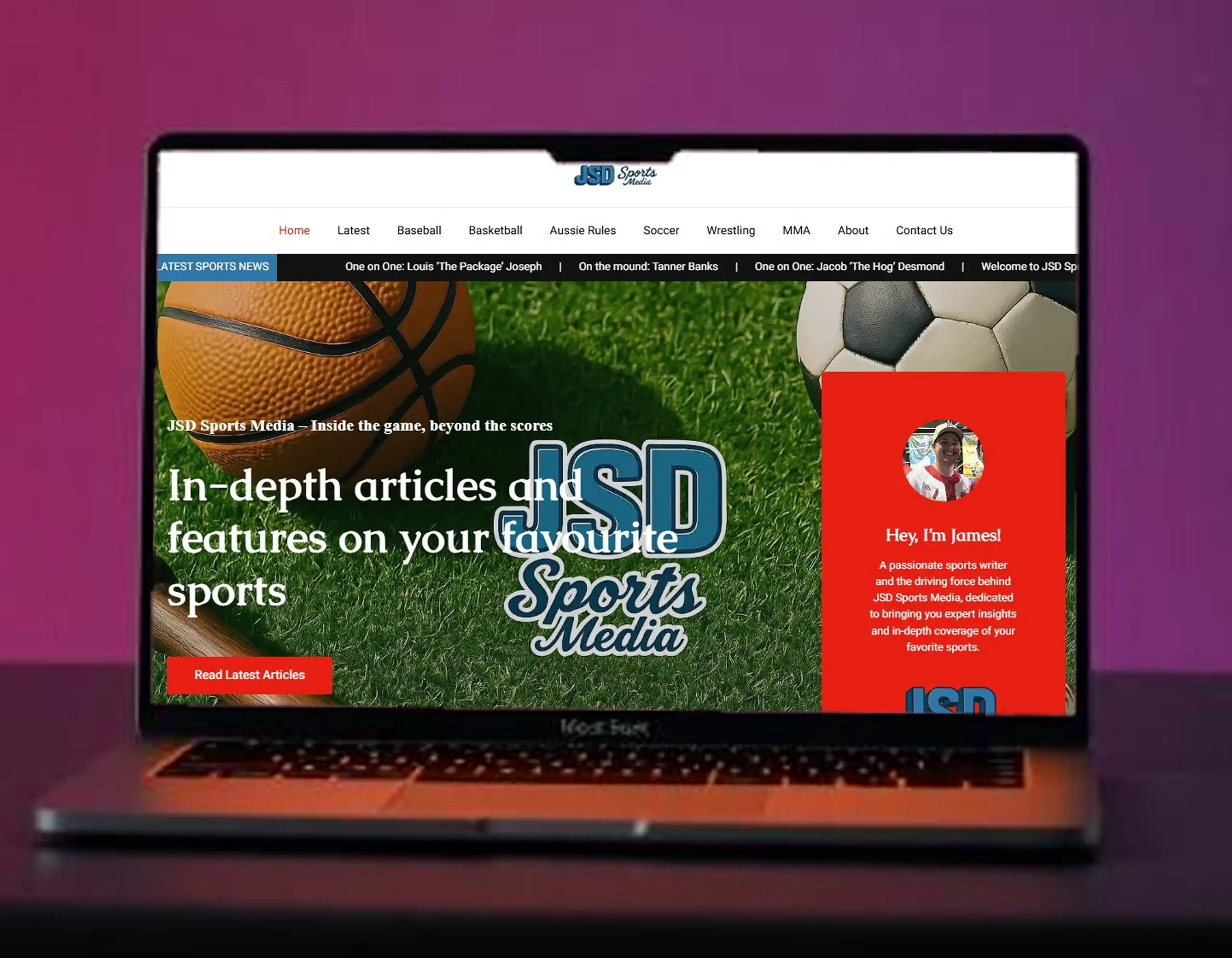 Laptop displaying the JSD Sports Media website homepage, showing a sports-themed design with basketball and soccer imagery, a featured article section, and an introduction panel for the writer, James.