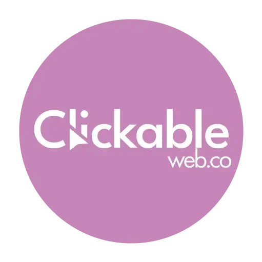 Clickable Web Co logo featuring white text on a round purple background with a pointer-style letter “l”.